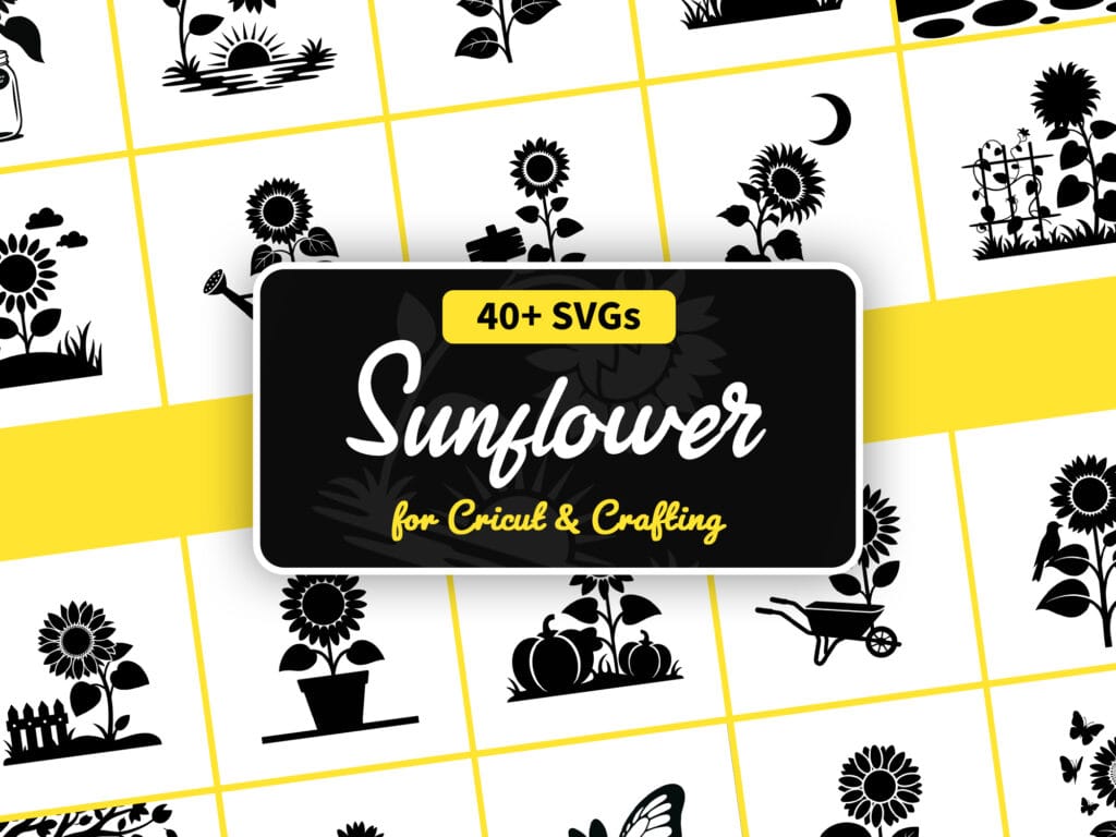 SVG of a sunflower growing beside a watering can in a garden scene.