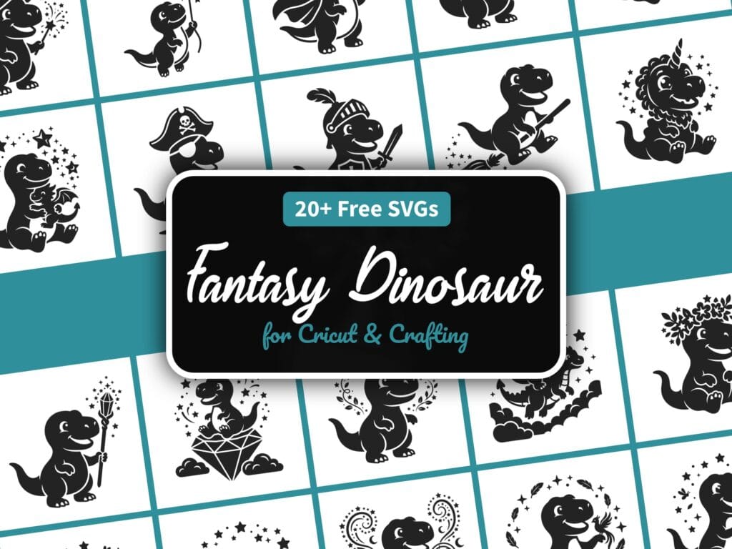 Fantasy dinosaur SVG bundle with 24 magical dino designs — wizard, king, pirate, knight, and dragon dinosaurs for Cricut and Silhouette