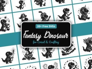 Fantasy dinosaur SVG bundle with 24 magical dino designs — wizard, king, pirate, knight, and dragon dinosaurs for Cricut and Silhouette