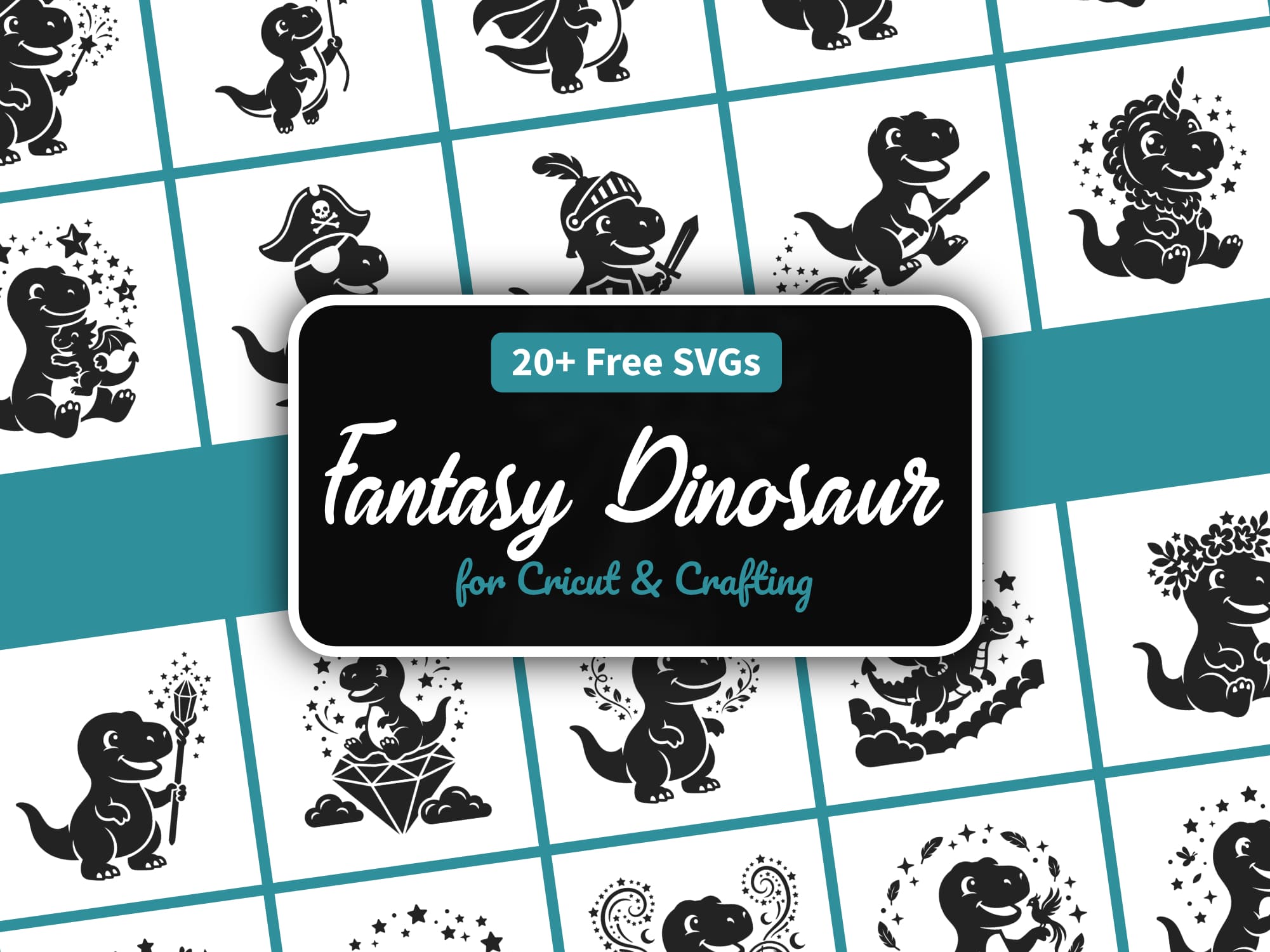 Fantasy dinosaur SVG bundle with 24 magical dino designs — wizard, king, pirate, knight, and dragon dinosaurs for Cricut and Silhouette