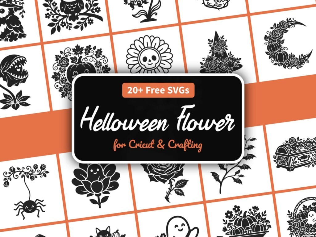 Halloween flower SVG bundle with 21 spooky floral designs — witch owls, skull blooms, ghosts, and pumpkins for Cricut and Silhouette