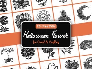 Halloween flower SVG bundle with 21 spooky floral designs — witch owls, skull blooms, ghosts, and pumpkins for Cricut and Silhouette