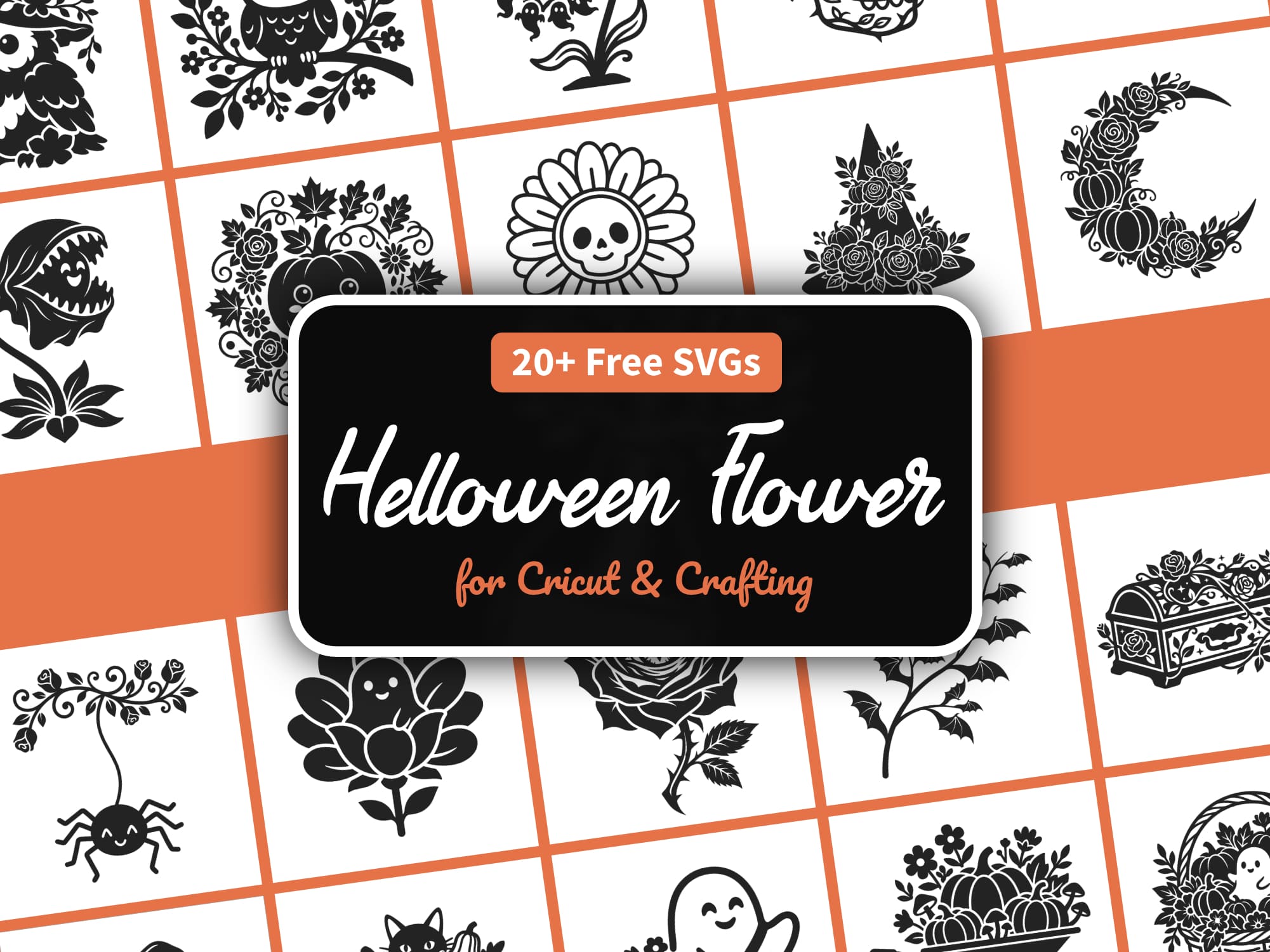 Halloween flower SVG bundle with 21 spooky floral designs — witch owls, skull blooms, ghosts, and pumpkins for Cricut and Silhouette