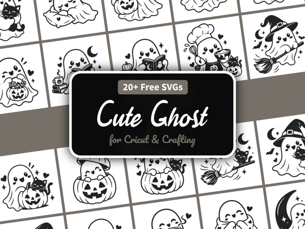 Cute ghost SVG bundle with 22 kawaii Halloween ghost designs — hugging cats, drinking coffee, and wearing witch hats for Cricut and Silhouette
