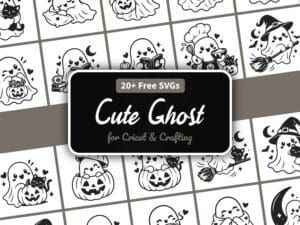 Cute ghost SVG bundle with 22 kawaii Halloween ghost designs — hugging cats, drinking coffee, and wearing witch hats for Cricut and Silhouette