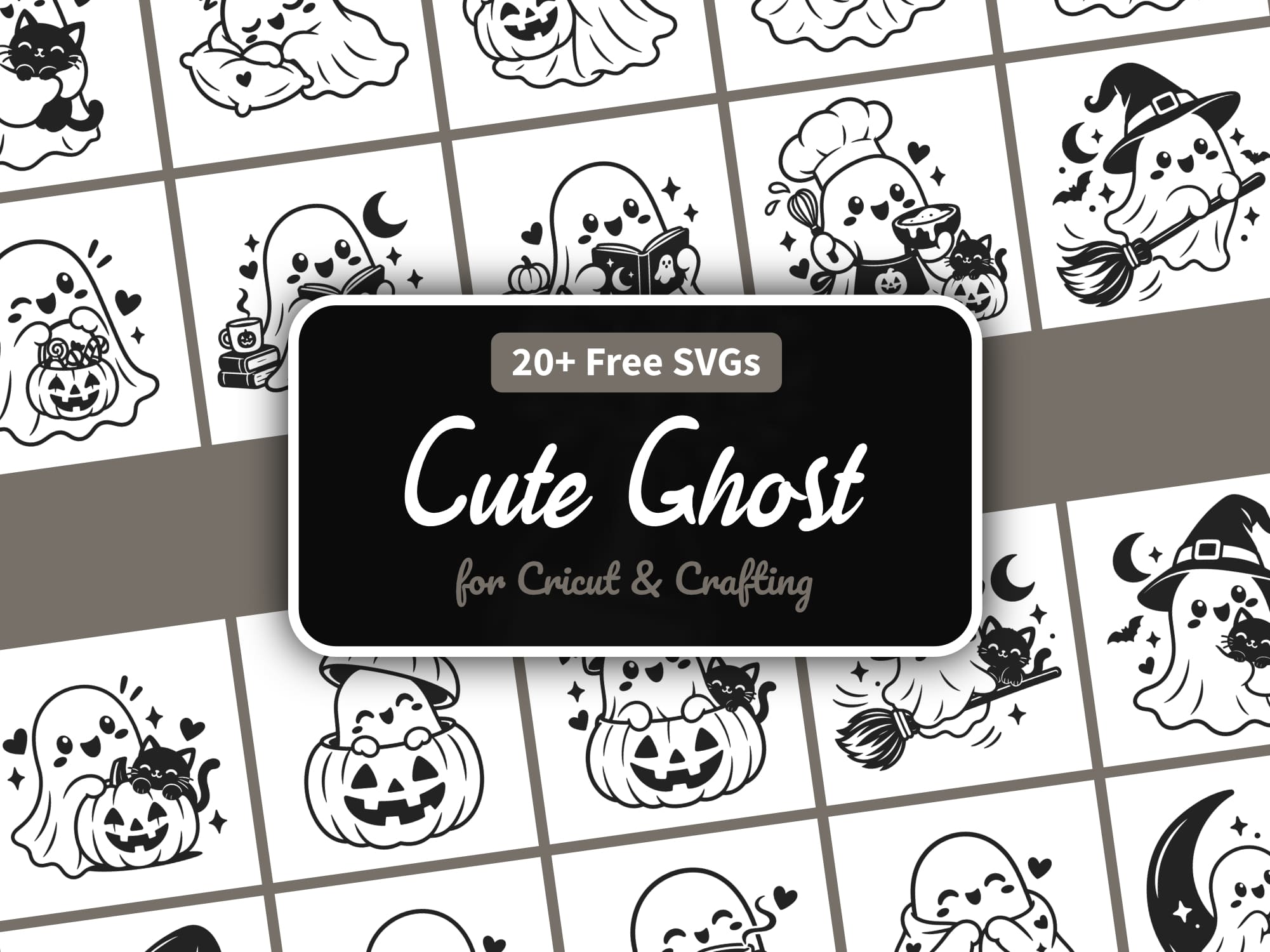 Cute ghost SVG bundle with 22 kawaii Halloween ghost designs — hugging cats, drinking coffee, and wearing witch hats for Cricut and Silhouette